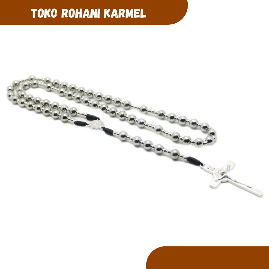 ROSARIO BENEDIKTUS ITALI 8 MM (SILVER ) / KALUNG ROSARIO KATOLIK / ROSARY KALUNG KATOLIK ASLI