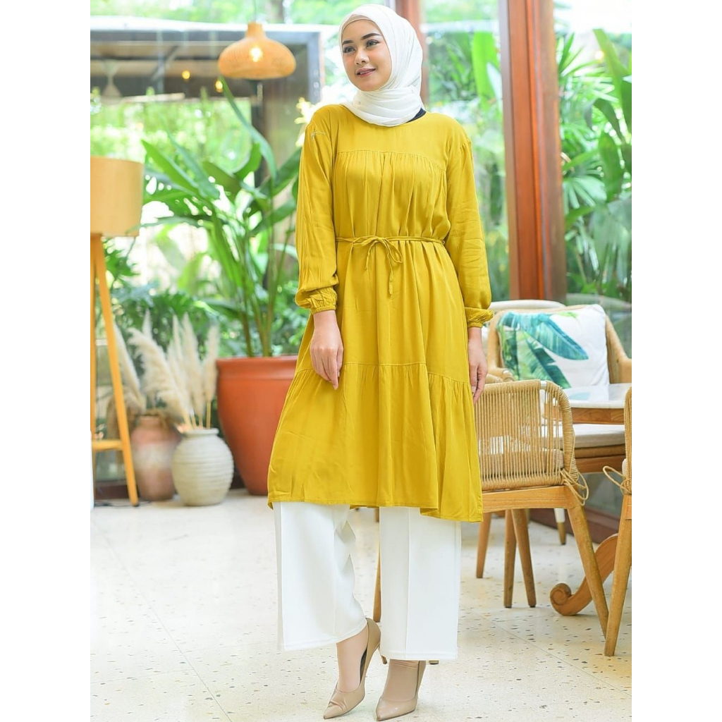 Tunik Wanita Kekinian / Baju Atasan Wanita Muslim Rayon Slub Tali Ikat Pinggang