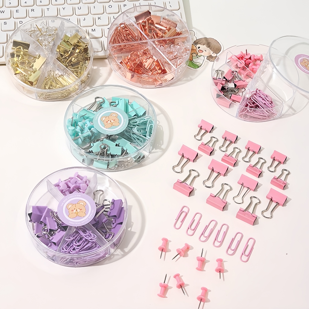 

Set 72 PCS Paperclip, Binder Clip, Push Pin – Kombinasi Penjepit Kertas Cute & Fungsional untuk Kantor
