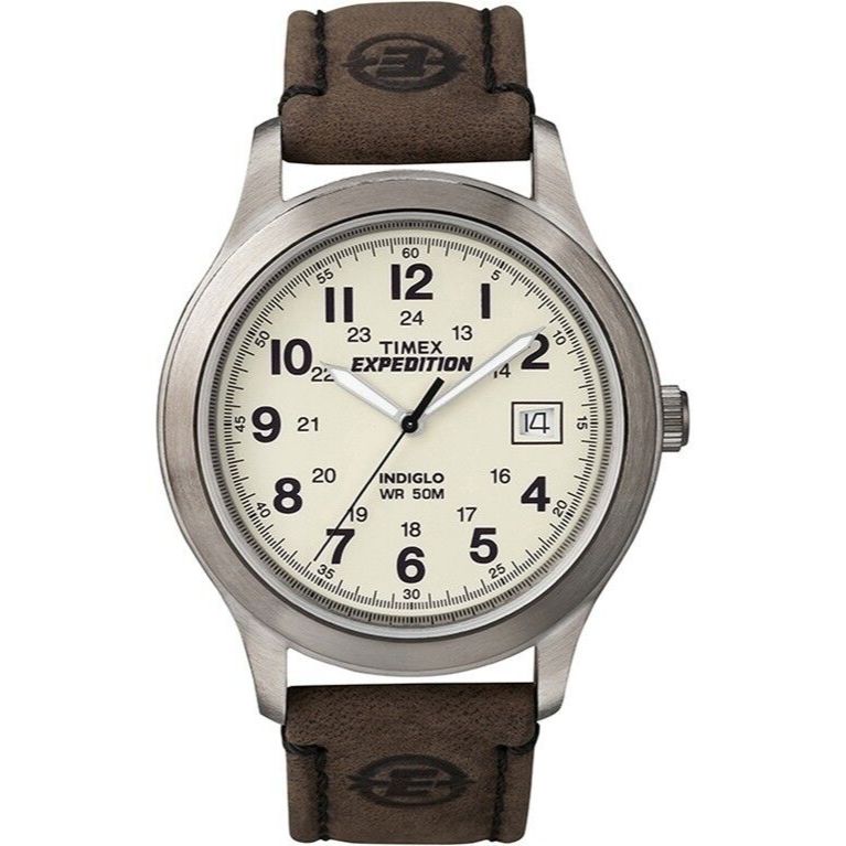 Timex T49870, Men's "Expedition" Brown Leather Watch, Indiglo, Date, NEW