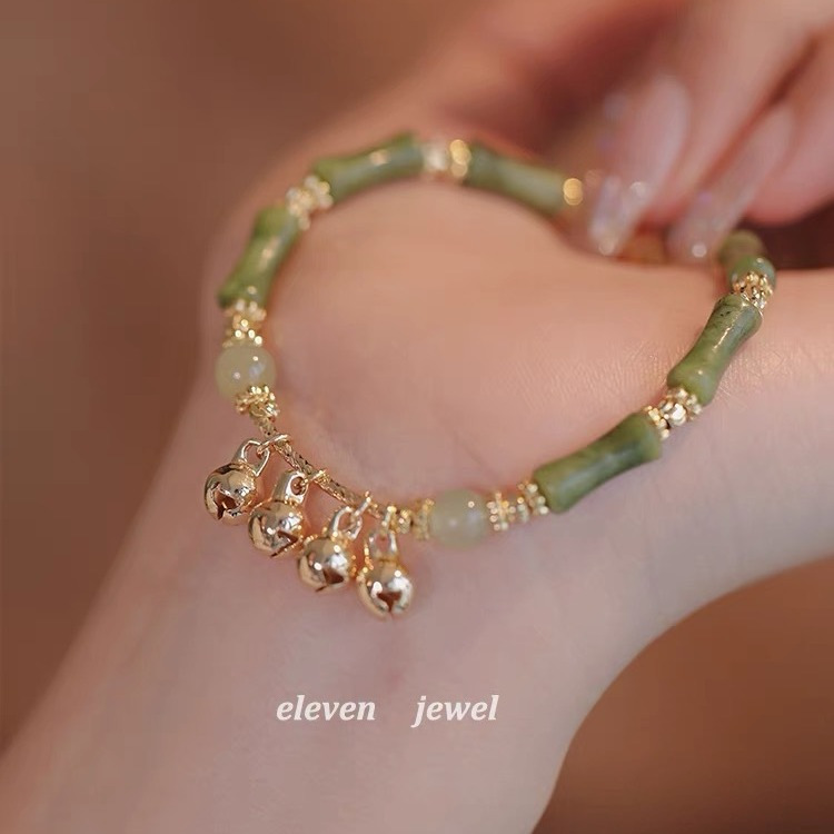O-KAY Gelang Tangan Wanita Motif Giok Hijau Bambu Lonceng Emas Aksesoris Fashion Original