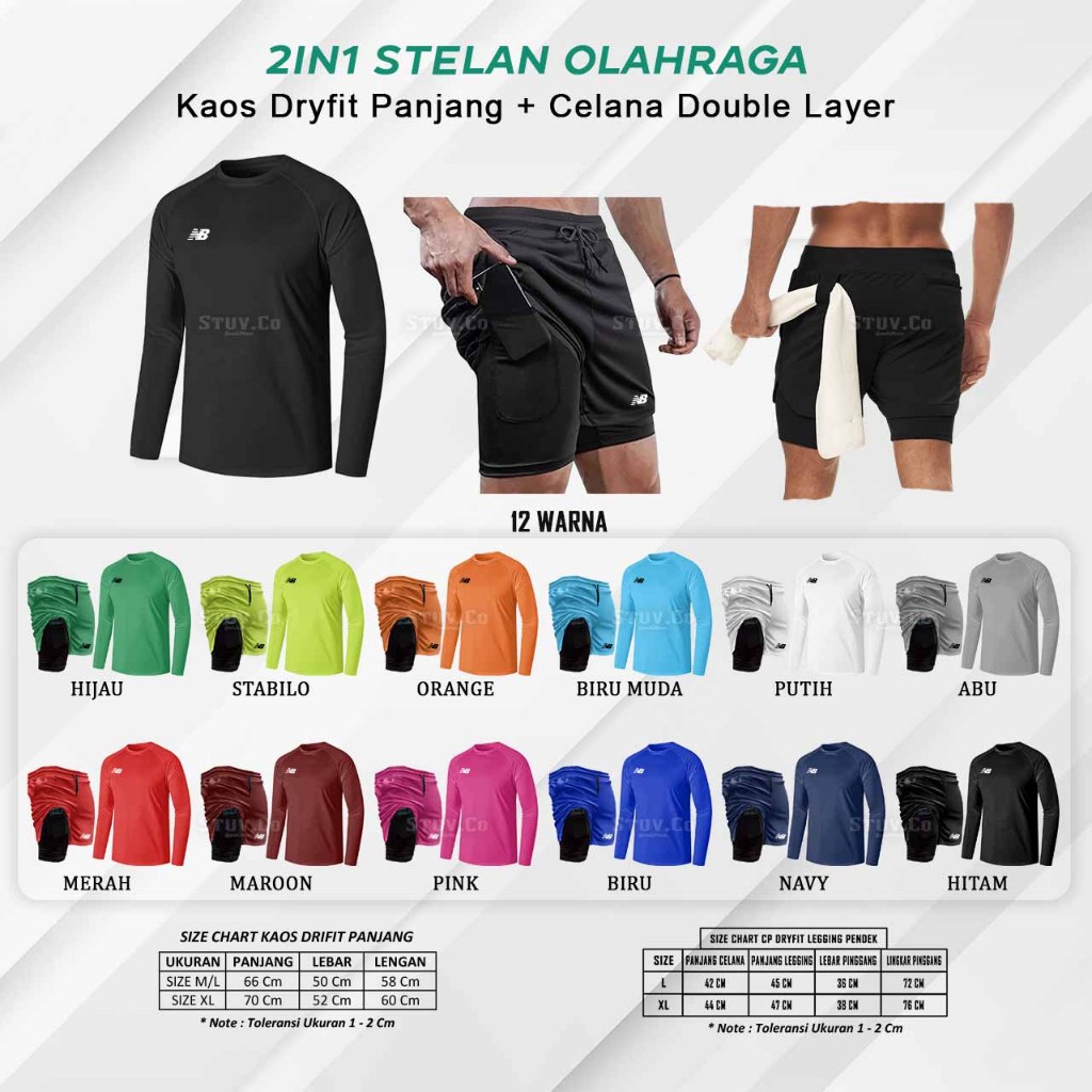 SETELAN 2IN1 KAOS PANJANG DRYFIT CELANA DOUBLE LAYER OLAHRAGA BASKET BADMINTON PRIA WANITA