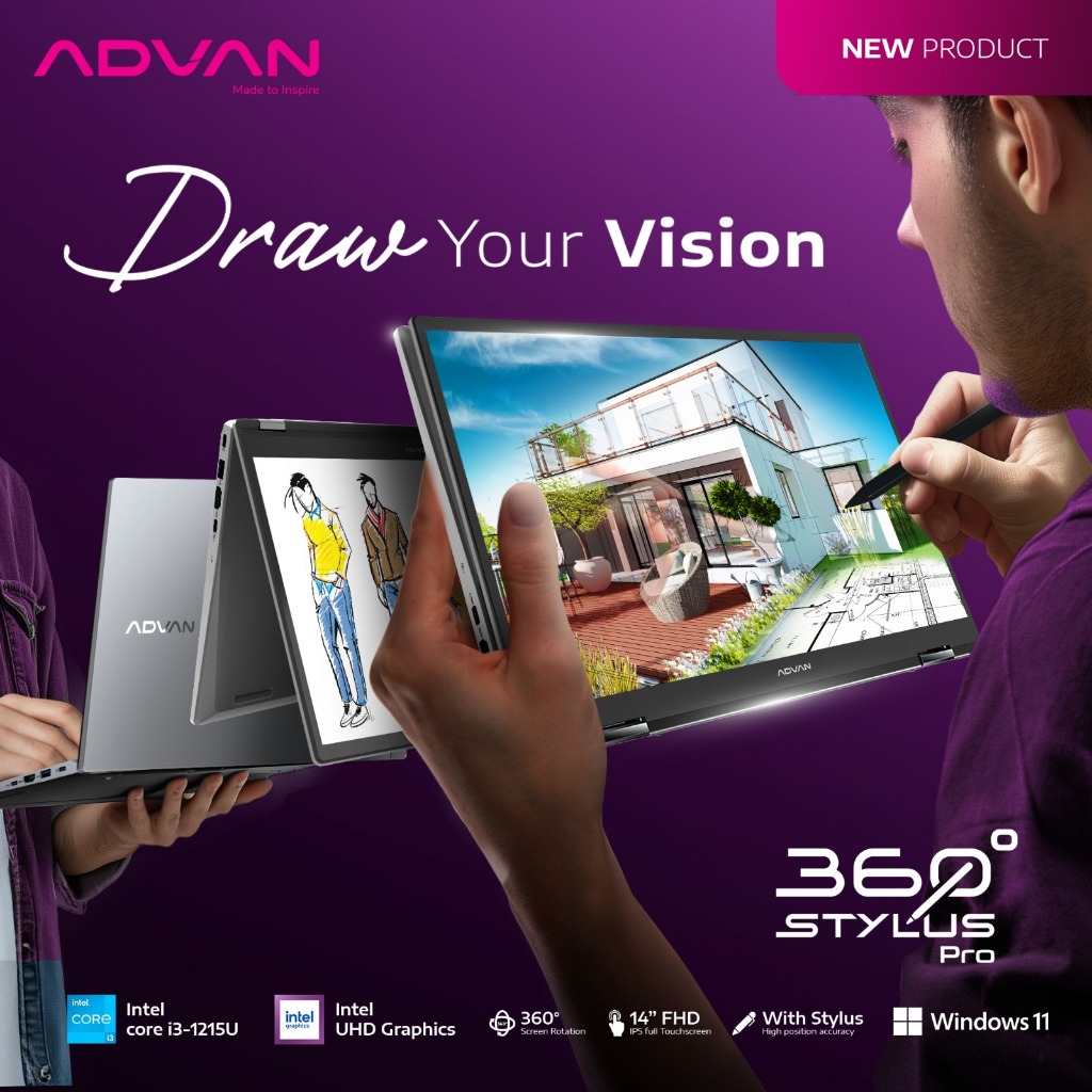 [FREE STYLUS PEN] ADVAN Laptop 360 Stylush Pro Laptop 2 IN 1 Touchscreen Intel Core i3-1215U 8GB/256