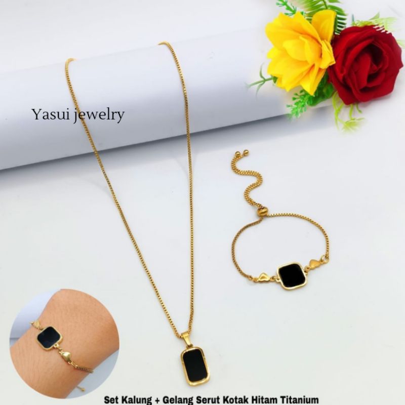 SET KALUNG GELANG SERUT KOTAK TITANIUM STAINLESS STEEL