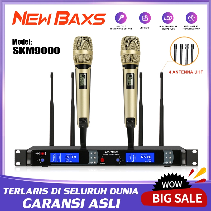 NEW BAXS SKM9000 Mikrofon Nirkabel Satu untuk Dua 2 Mikrofon Genggam UHF True Diversity 4 Antena Jar