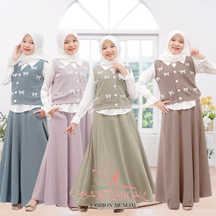 Baju Raya One Set 3 in 1 Anak Perempuan Remaja Tanggung Pakaian Muslim Anak Perempuan Setelan