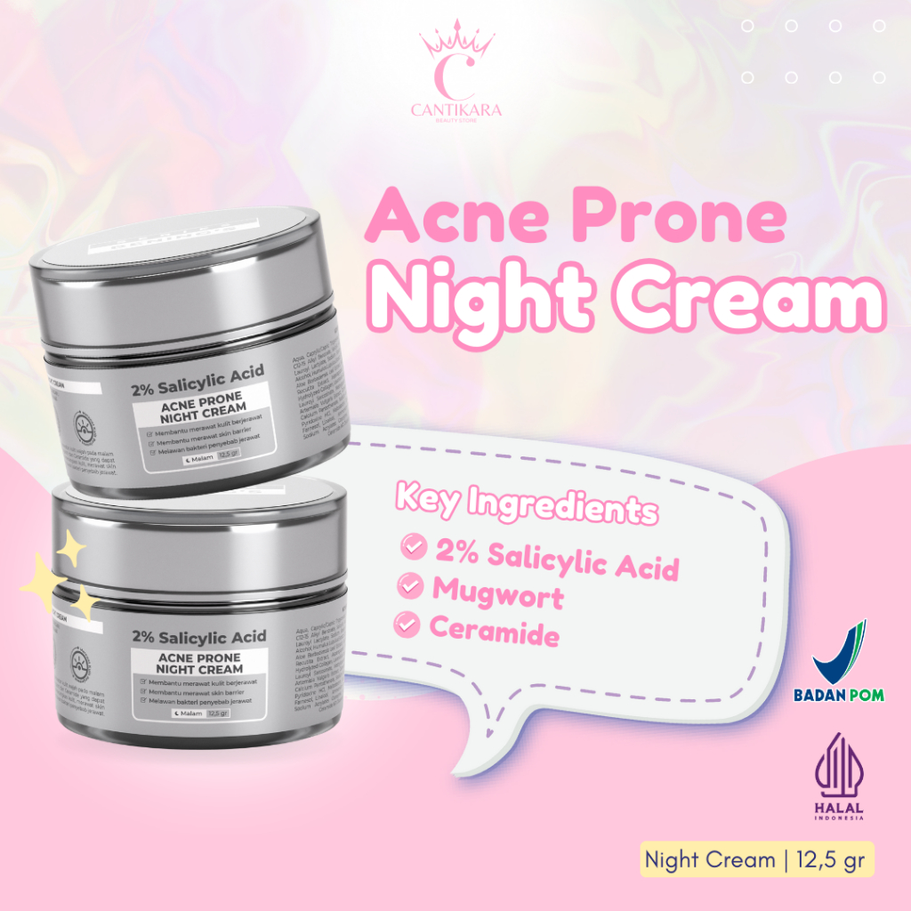 Benings Acne Prone Night Cream Salicylic Acid Ceramide Bening's Skincare Krim Malam Mencerahkan Meng