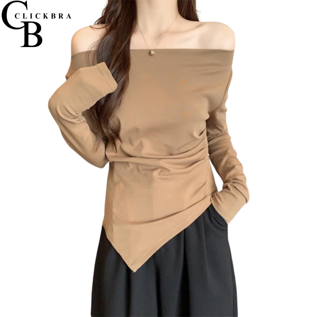 CUCI GUDANG BJ1736 Baju Atasan Kaos Knit Sweater Rajut Wanita Seksi Bahu Sabrina Korea Lengan Panjan