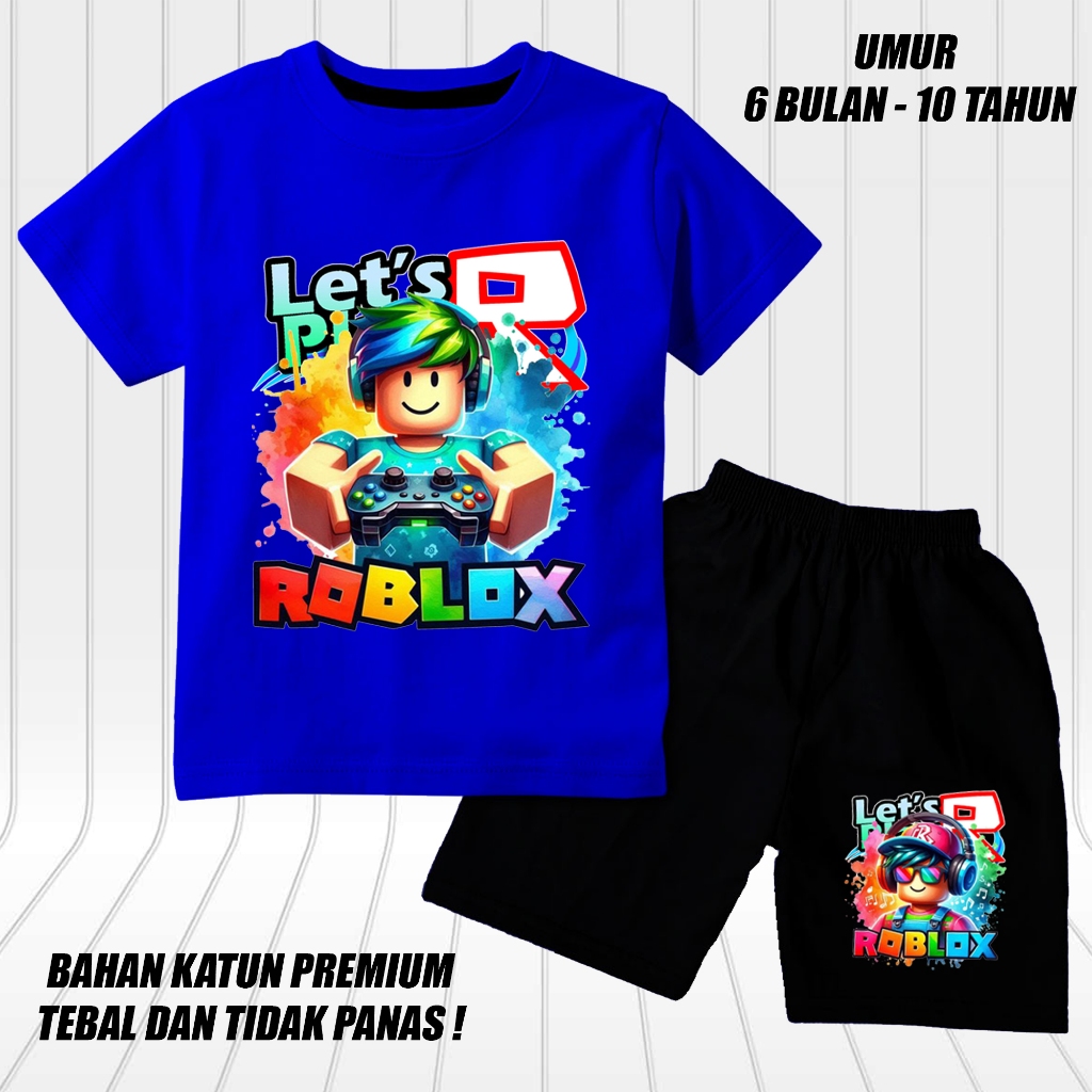setelan lengan pendek anak laki laki perempuan set baju kaos pendek anak roblox 2 dtf celana hitam