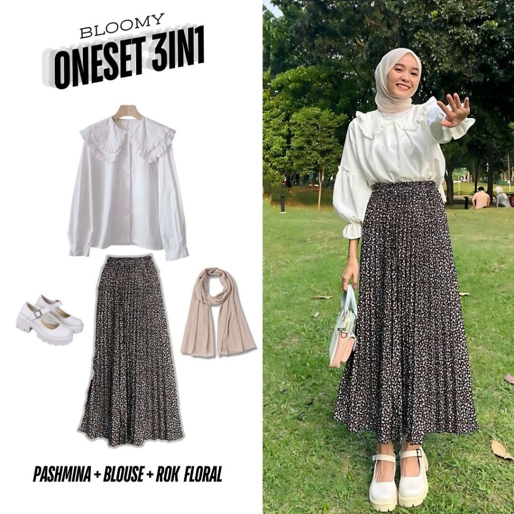One set 3in1 baju atasan kemeja blouse putih rempel rok plisket bunga floral panjang hitam pashmina 