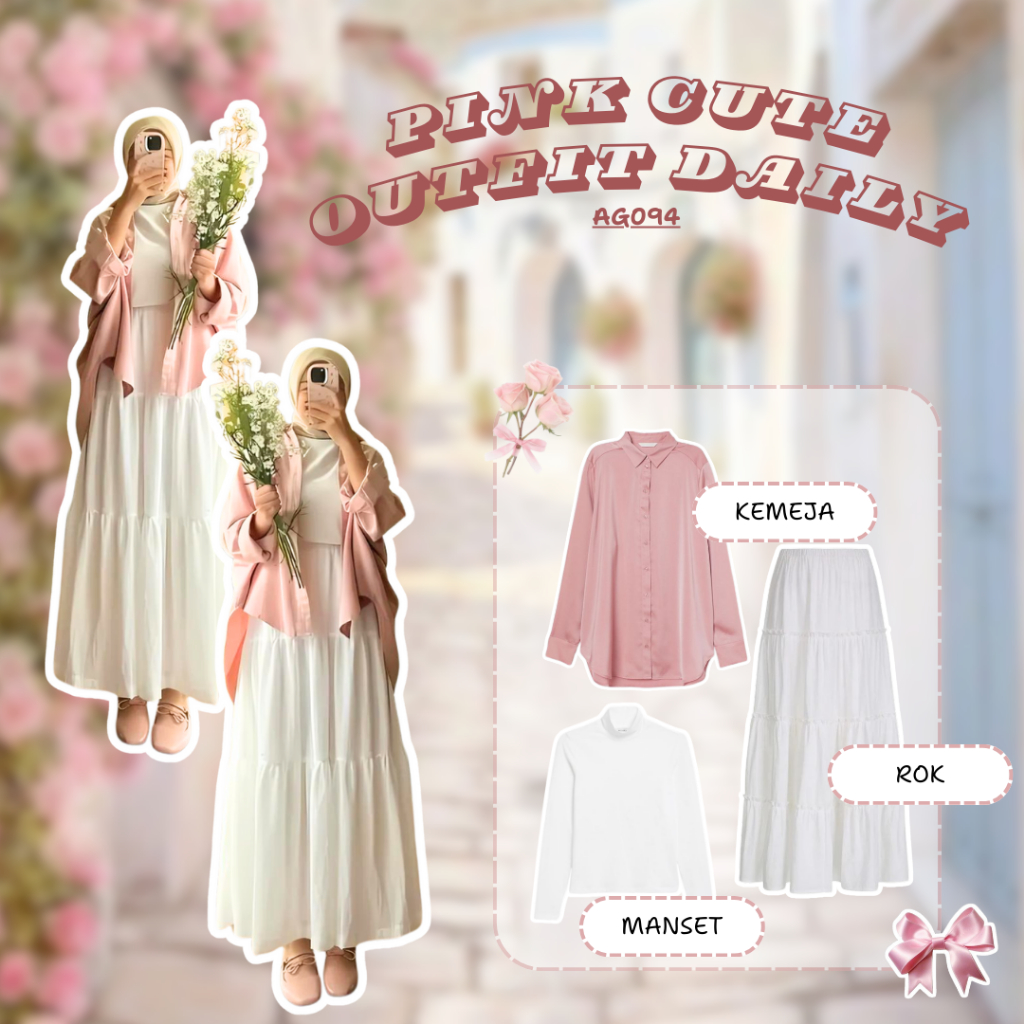 Super Hemat OOTD Korean Style Wanita One Set Kekinian Outfit Set Korean Style Kemeja Pink T-Shirt Pu