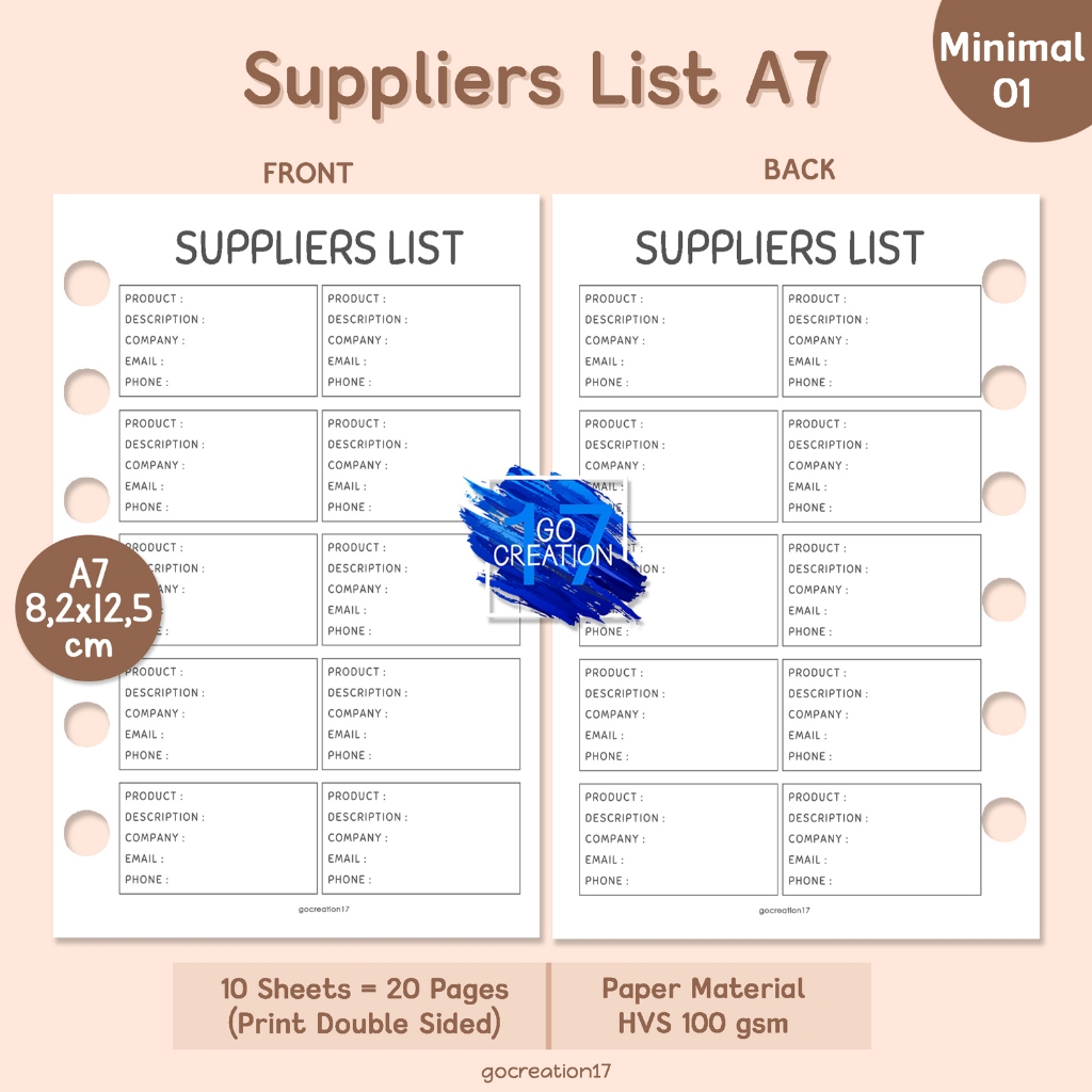 

Buku Planner Refill Kertas Isi Binder Suppliers List Simple Minimalis A7