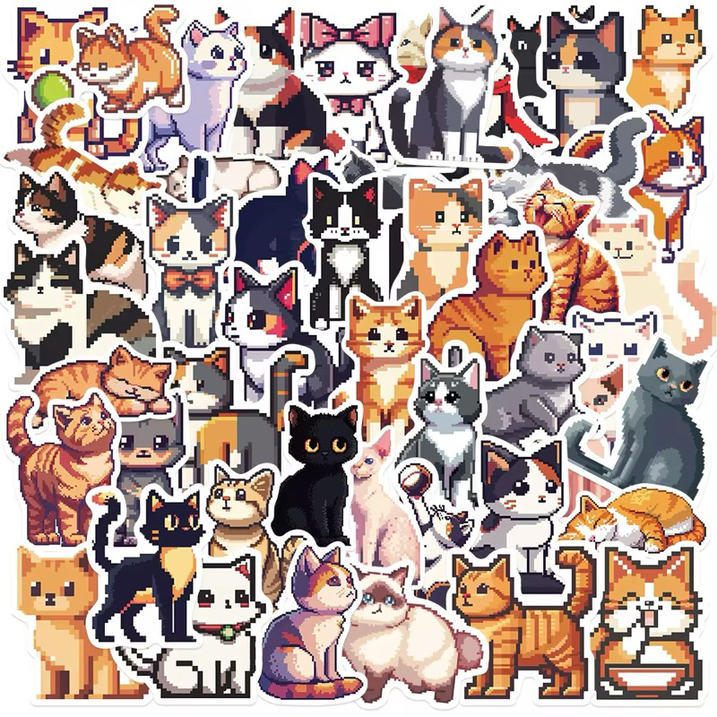 

50pcs Sticker Pixel Cute Cat Cartoon Kucing Stiker PVC Laptop Koper HP Anti Air