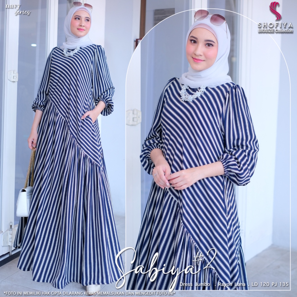 Sabiya2 baju dress gamis syari jumbo ld 120 rayon salur garis wanita muslim ibu ibu ori terbaru 2024