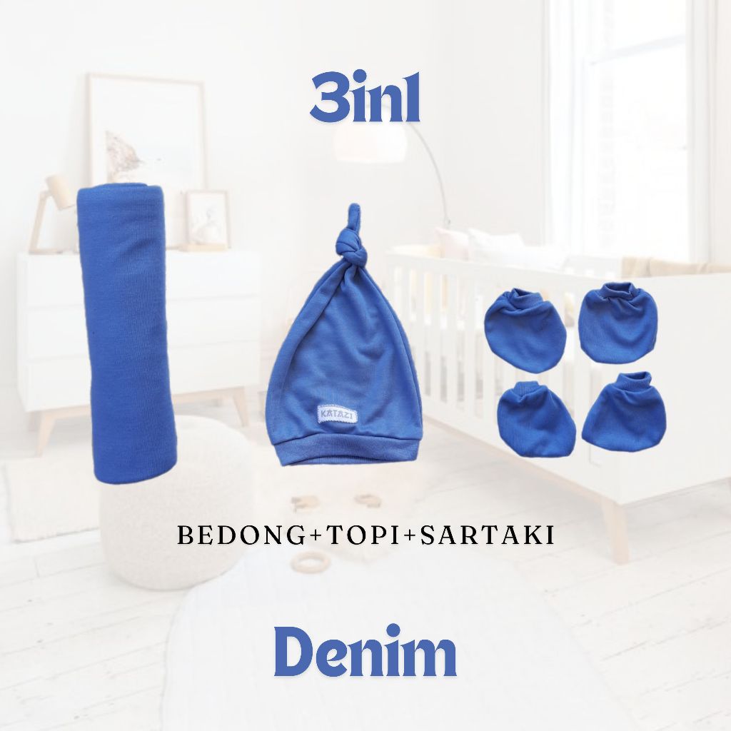 Bedong Topi Sartaki Bayi Baru Lahir 3in1 Set Newbon Hemat Polos Denim