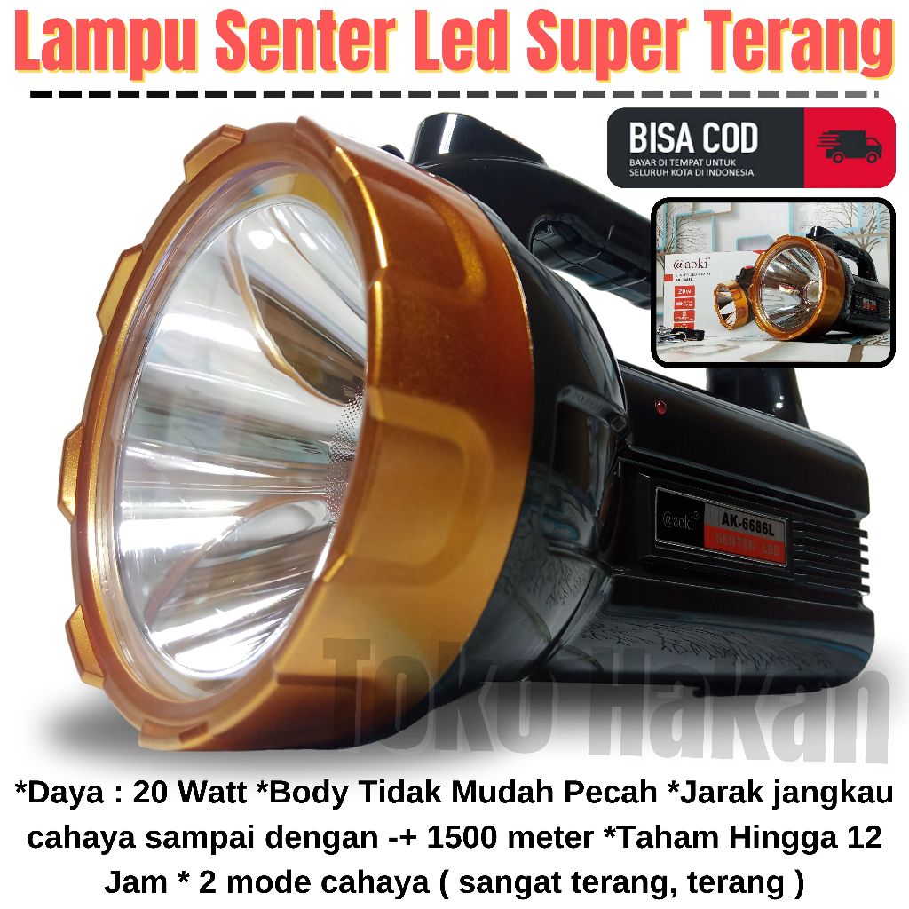 Senter Led Aoki Ak-6686L Senter Led Super Terang 20 Watt Cahaya Putih Tahan Sampai 10 Jam - Senter S