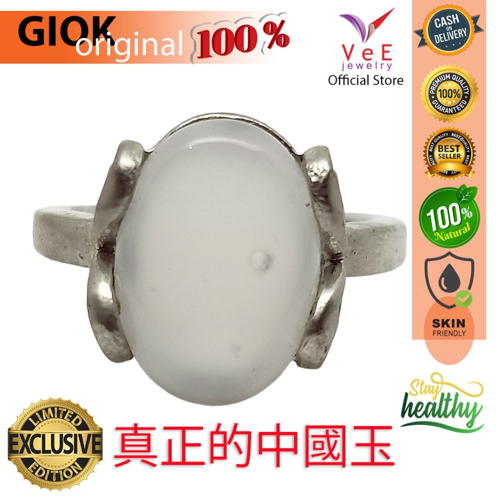 Cincin Wanita Batu Giok Putih Susu Natural Alami Asli Cina Sterling Silver Model 12 - VeE Jewelry Ci