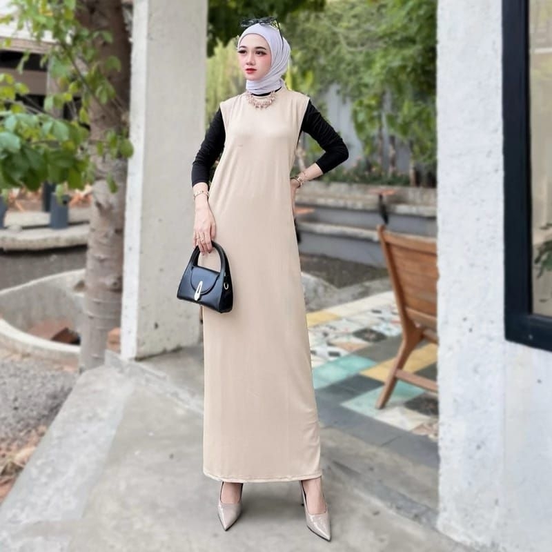 Gamis long dress knit tanpa lengan//gamis dress wanita tanpa lengan bahan knit