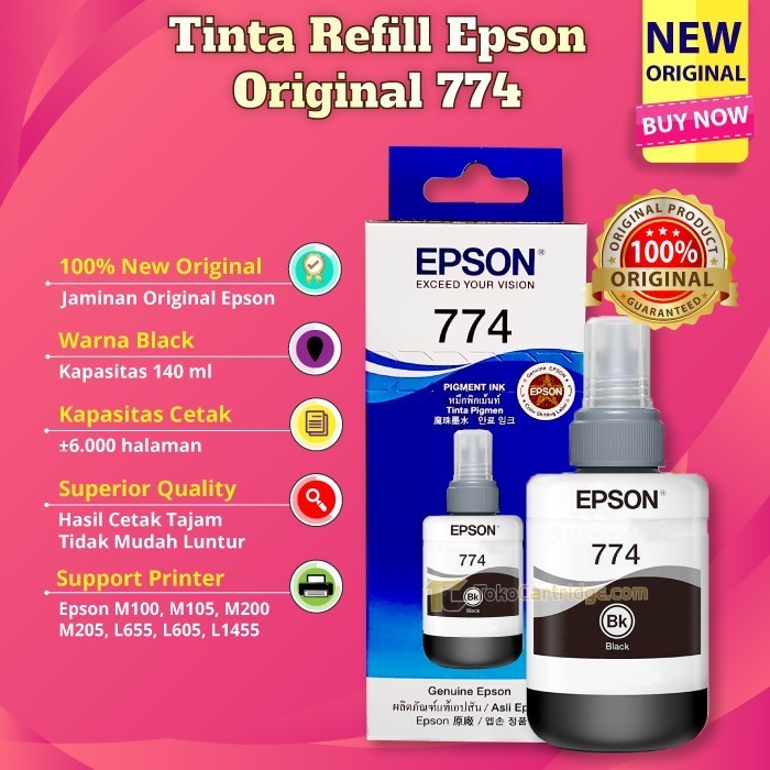 Tinta Original Epson Ink C13T774100 Original Ori Tinta 774 T7741 Printer L1455 M100 M105 M200 M205 L