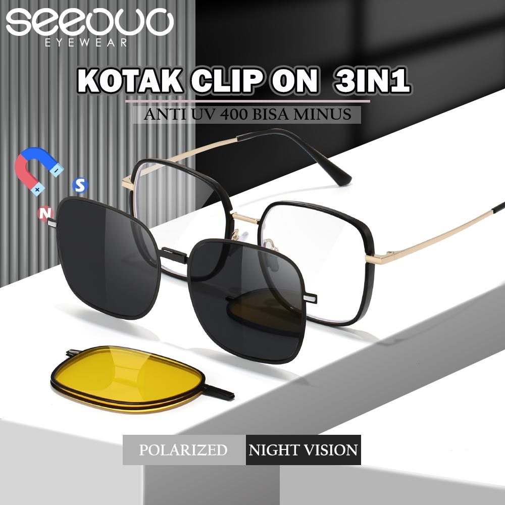 Seeouo Kacamata Clip On 3 in 1 Antiradiasi Blueray Lensa Polarized Bentuk Kotak Asian Fit Bahan TR90