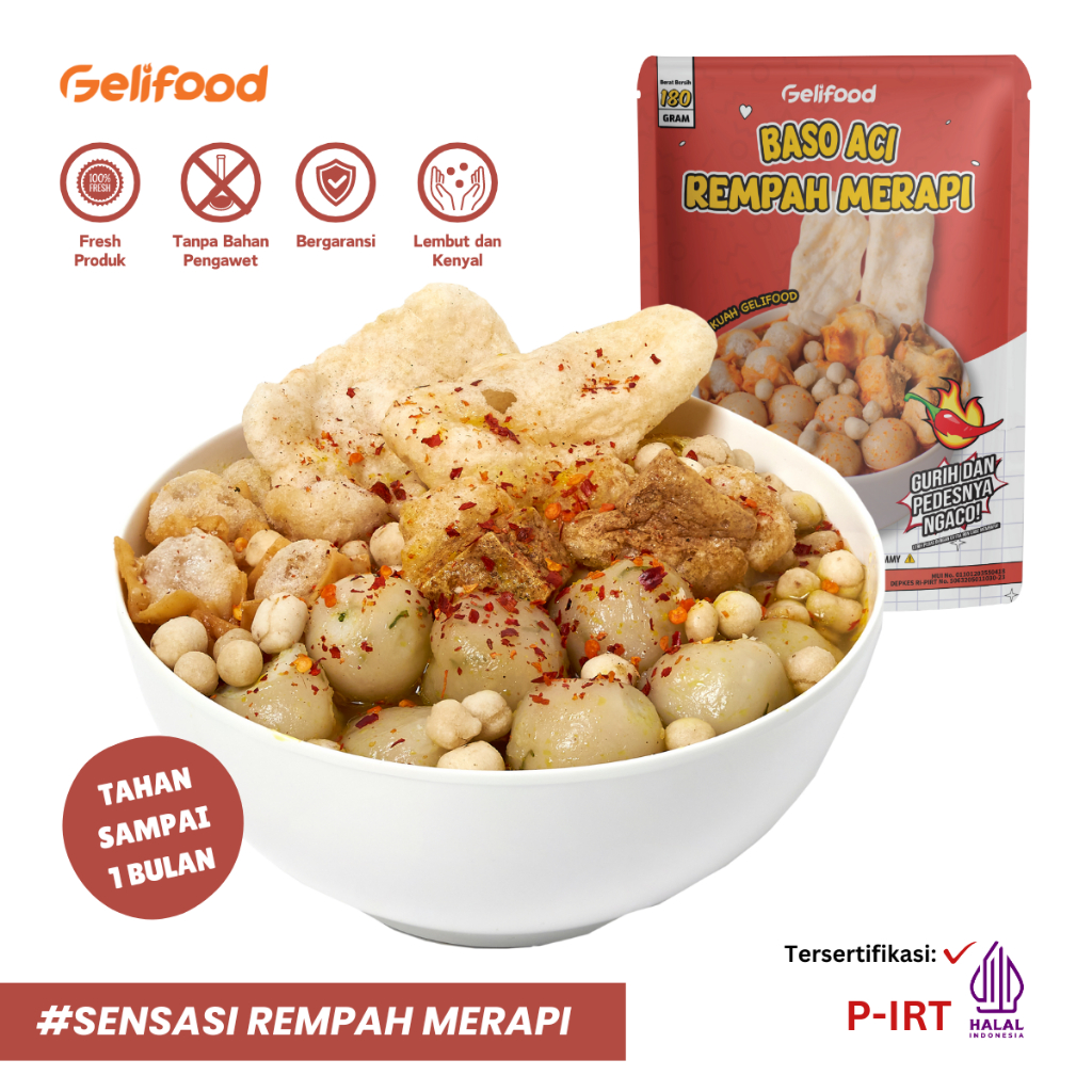 

Geli Food - Baso Aci Bumbu Merapi Instant - No.1 Street Food Bandung Kemasan Super Pedas dan Gurih