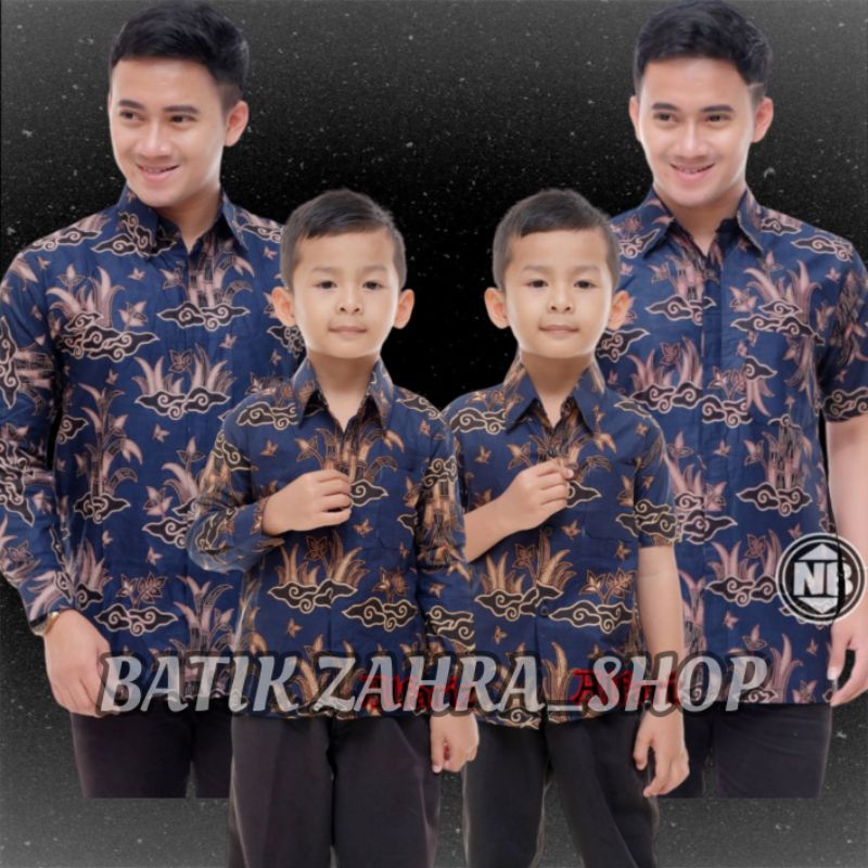 Kemeja Batik Anak Laki-laki Lengan Panjang Couple Batik Ayah dan Anak Cowok Warna Biru Navy Batik Mo