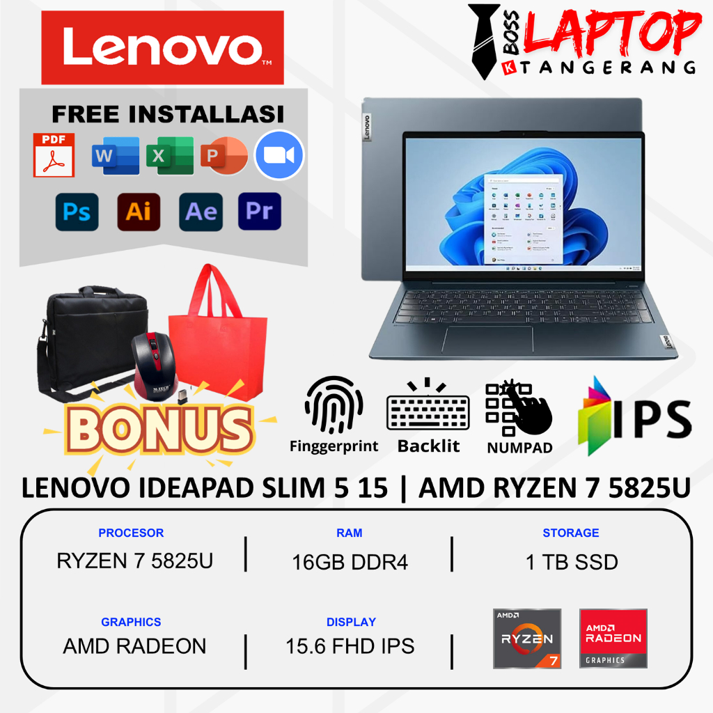 LAPTOP LENOVO IDEAPAD SLIM 5 15 AMD RYZEN 7 5825U 16GB DDR4 1TB SSD 15.6 FHD WINDOWS 11 HOME