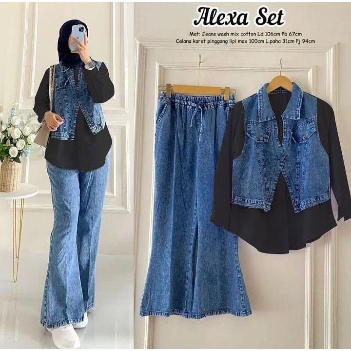 One Set Alexa Setelan Jeans Atasan Dan Celana Cutbray Pakaian Wanita Kekinian