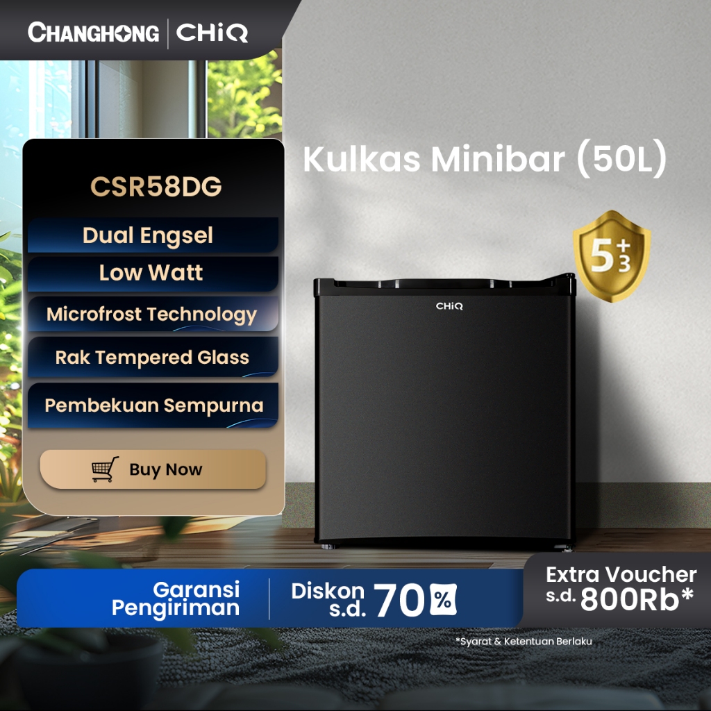 CHiQ Kulkas 1 Pintu Mini Bar 50L CSR58DG  (Semi Auto Defrost) (Adjustable Door Bisa Di Buka Dari Kan