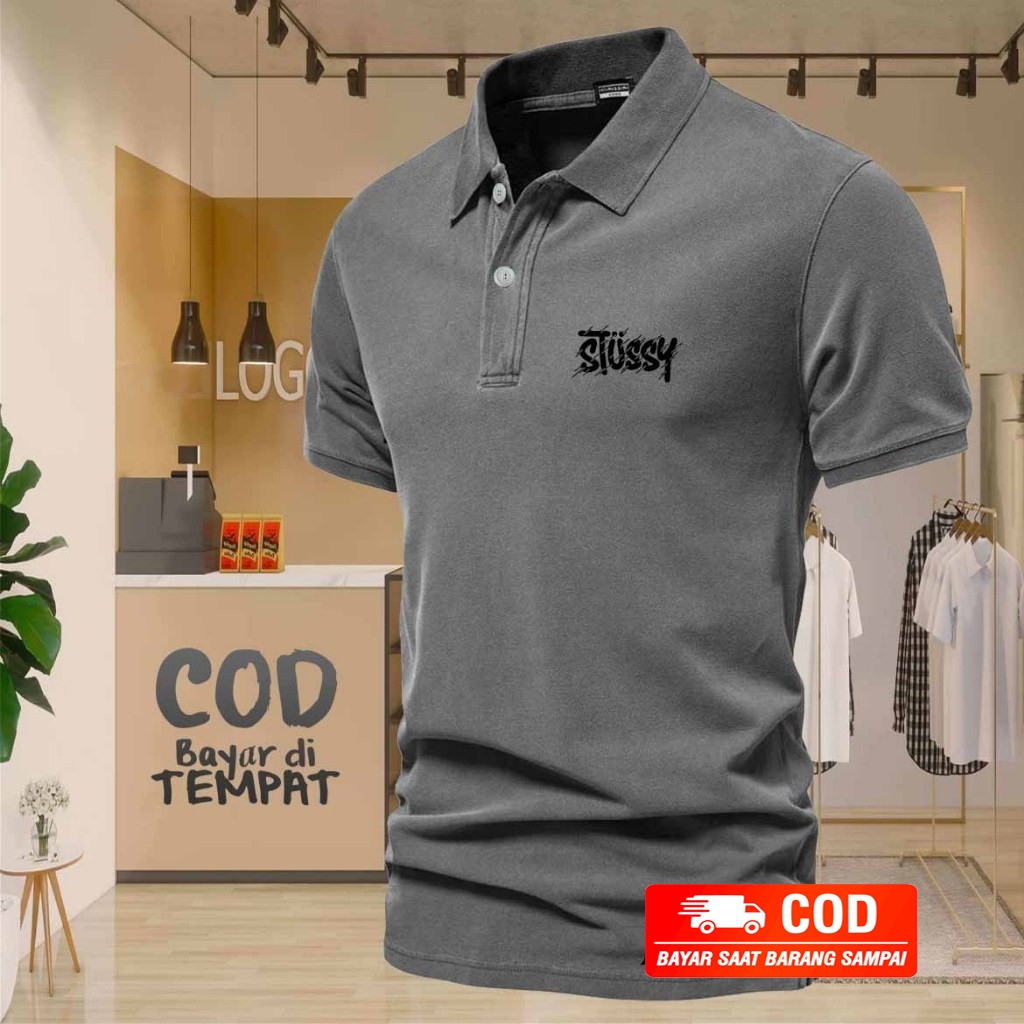 COD T-Shirt POLO kerah Stussy TBR Text Hitam Kaos Kerah Dewasa Shirt / Kaos Wangki Pria Polo