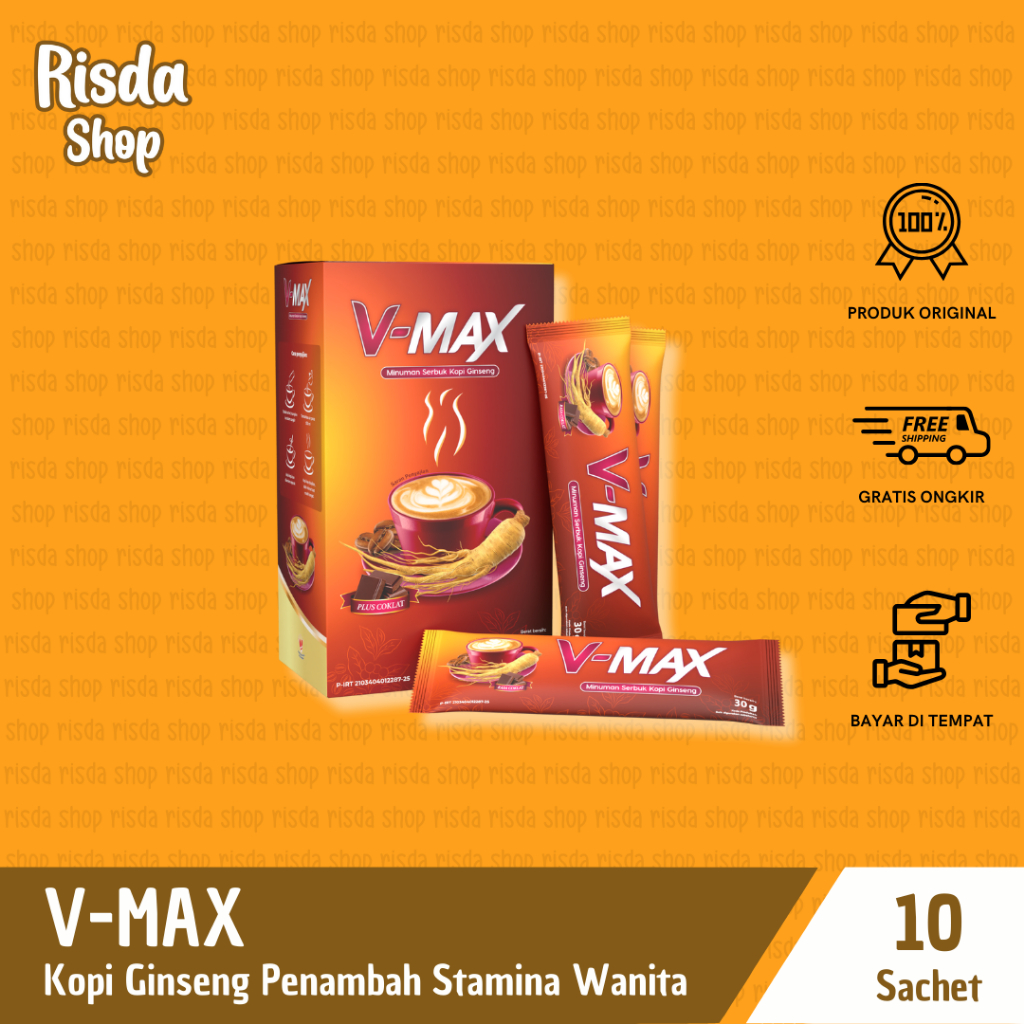

V-MAX Kopi Ginseng Rasa Cokelat 1 Box 10 Sachet Kopi Stamina Penambah Gairah Wanita Tahan Lama