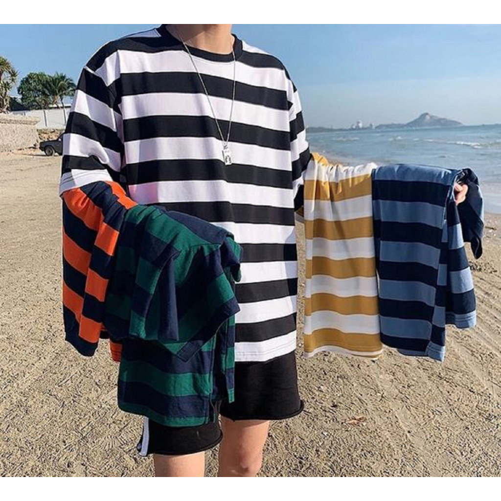 Kaos Salur Garis-garis Setrip Lengan Pendek Pria-Wanita Dewasa Terbaru
