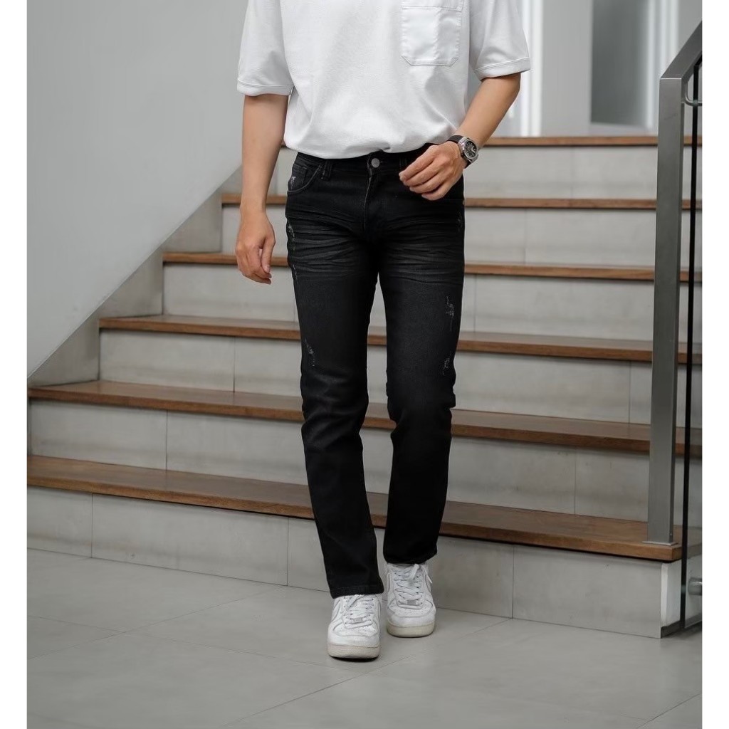 Celana Jeans Pria Skinny CMjee Ripped Cakar Crinkle Denim Wash Premium