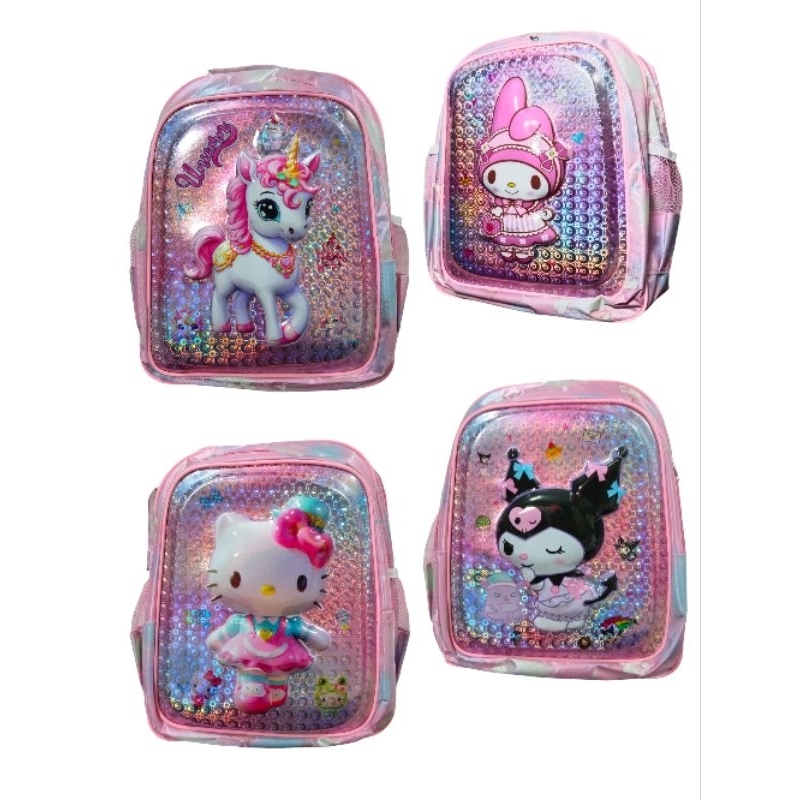 tas anak perempuan sekolah SD hardcover 3D LED karakter hello kitty kuromi melody unicon