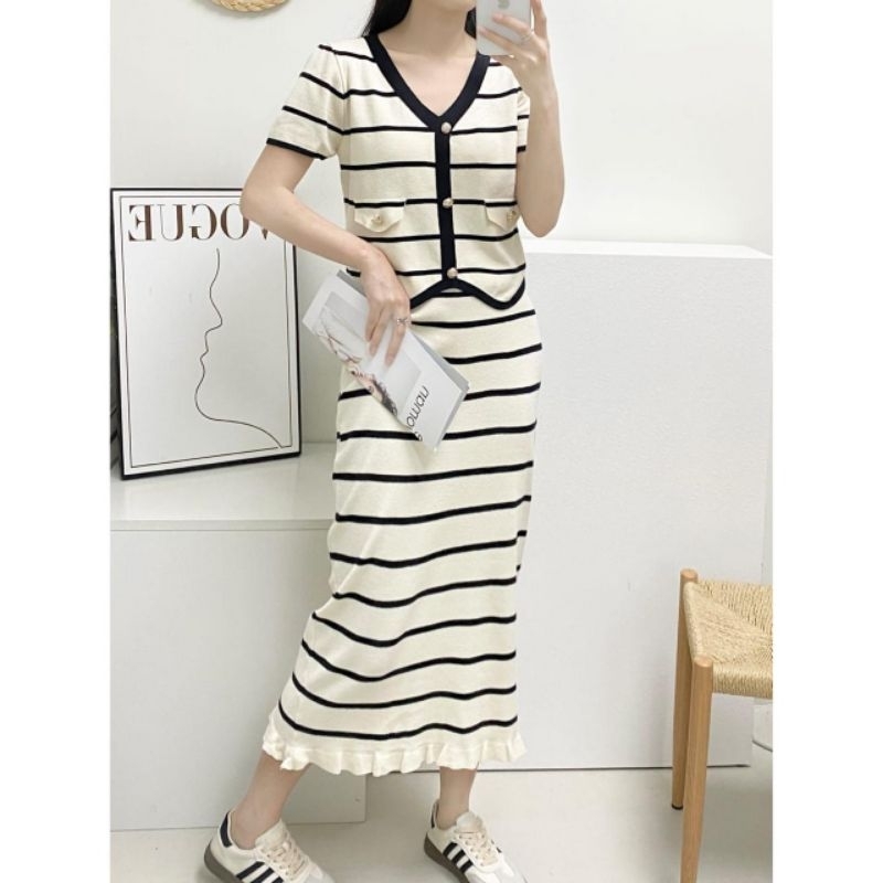 S7280 Nadira Striped Knitted 2pcs Lengan Pendek Set Setelan Rajut Rok Wanita Knit One Set