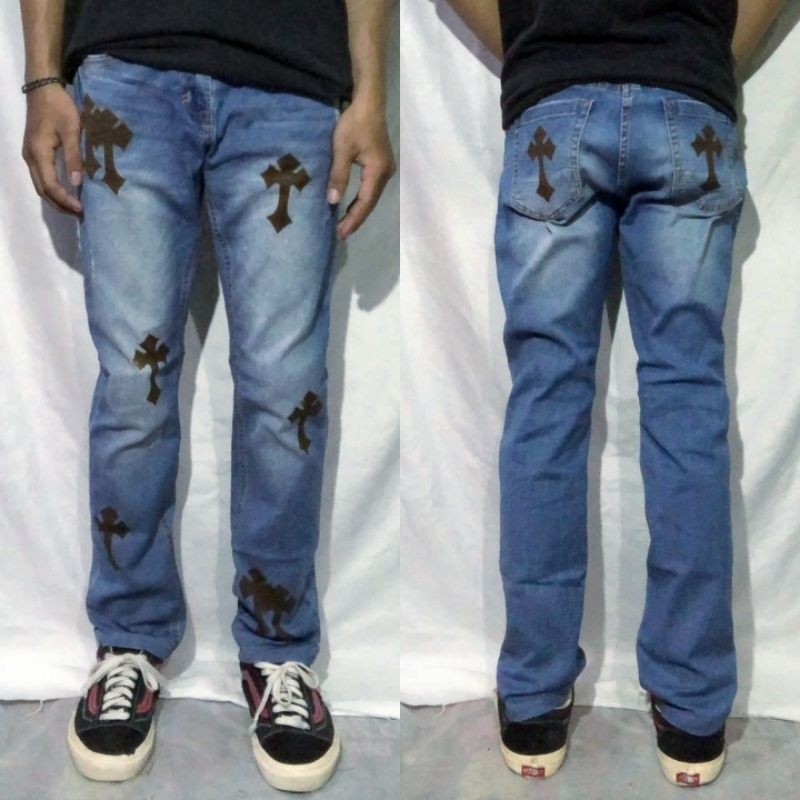 Celana Panjang Longpants Jeans Acp 10003 Blue Washed Fading Slim Fit Custom Cross Chrome Hearts Orig