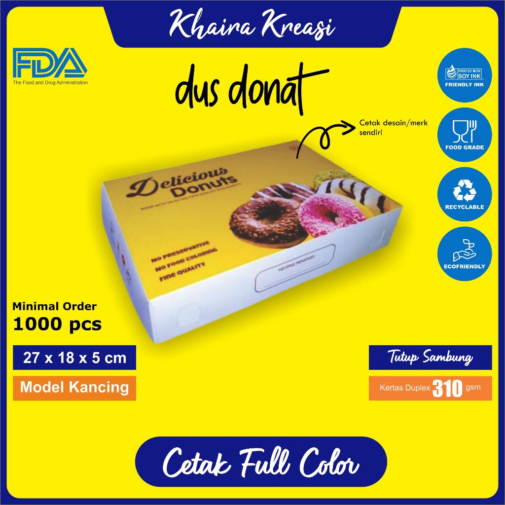 Dus Donat, Kotak Donat, Box Donat, Cetak Dus Donat Pakai Desain / Merk Sendiri Ukuran Dus Donat 27x1