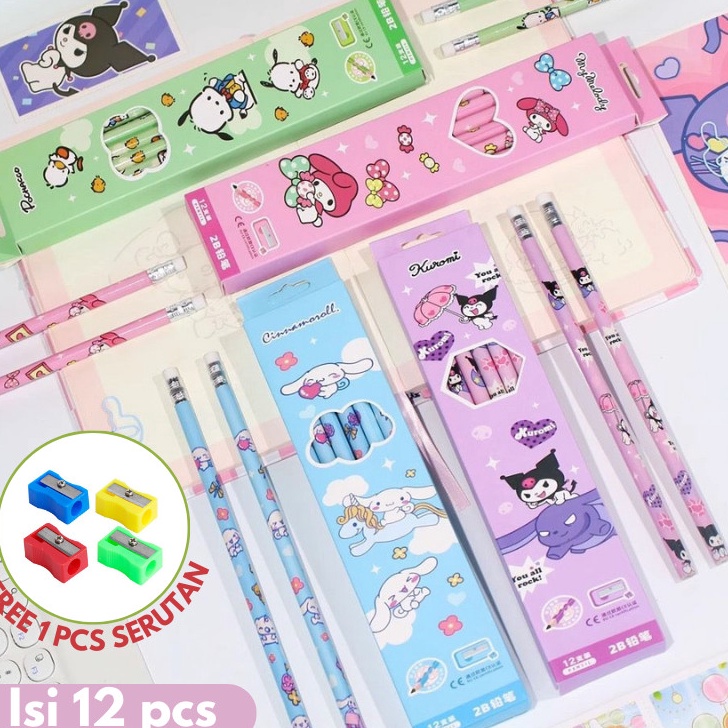 

PANAS PENSIL 2B MOTIF KUROMI LUCU PENSIL 1 BOX ISI 12PCS BONUS SERUTAN