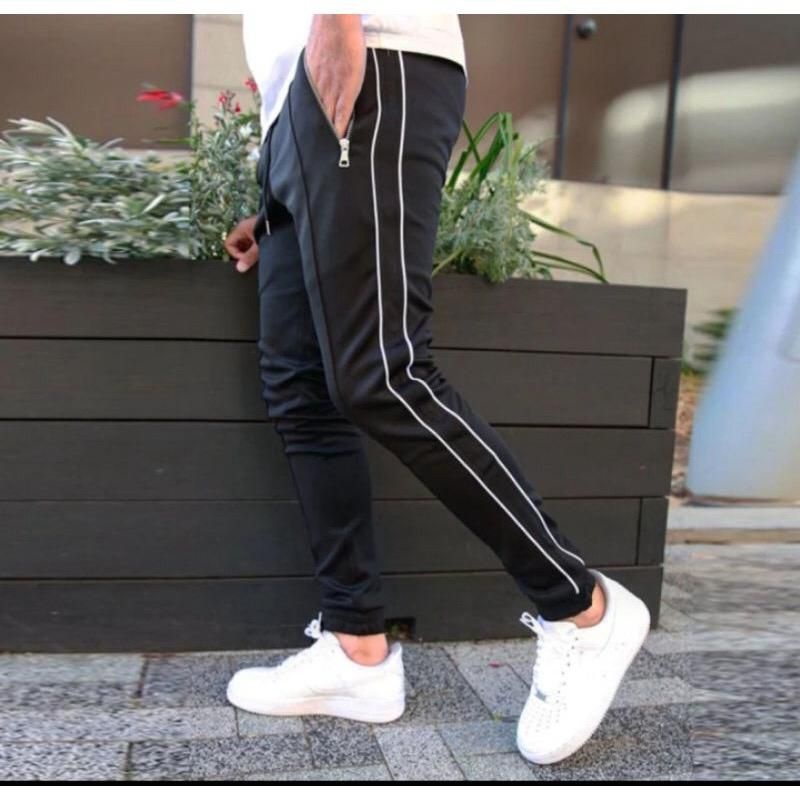 COD CELANA TRAINING PRIA WANITA  HITAM LIST PUTIH - JOGGER TRACKPANTS FLEECE TEBAL PREMIUM