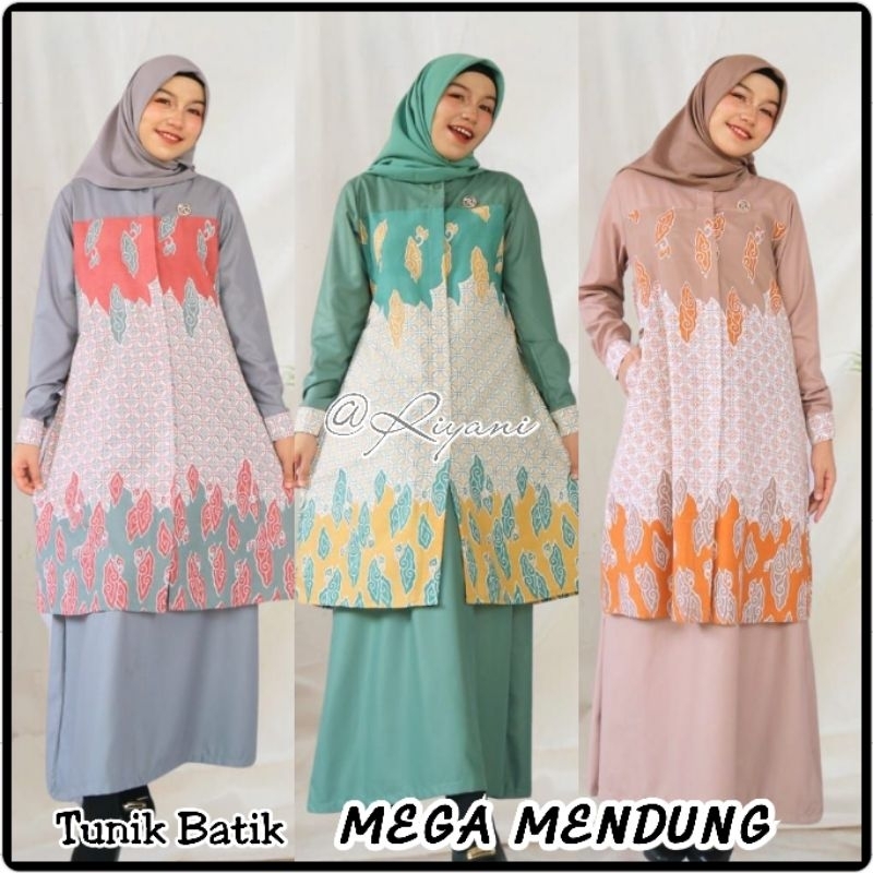 Tunik Batik Mega Mendung Setelan Long Tunik Batik Mega Mendung Premium Seragam Kerja Wanita Motif Ba