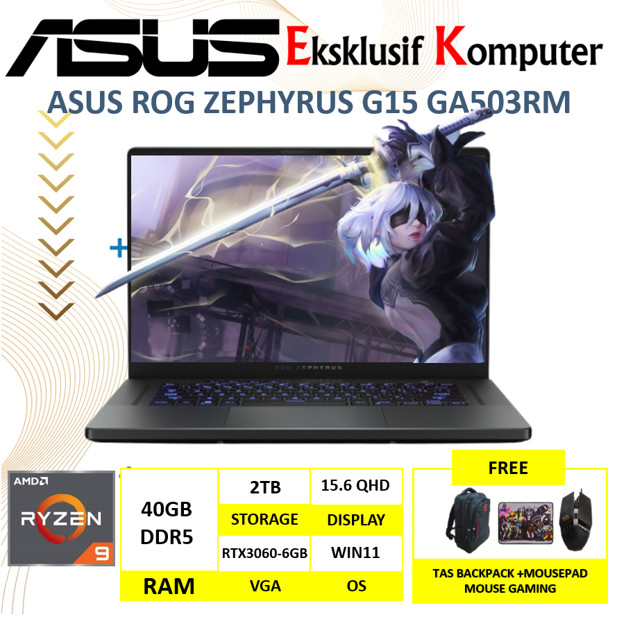 Laptop Gaming Asus ROG Zephyrus G15 G503RM Amd Ryzen 9 6900HS 16GB 2TB SSD RTX3060-6GB 15" QHD 165Hz