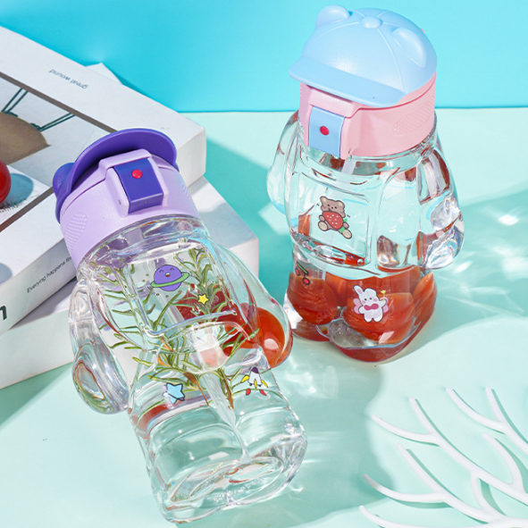 Botol Minum Anak Imut Lucu 560cm Karakter Beruang/Botol Air Minum Transparant Tutup Topi Free Sedota