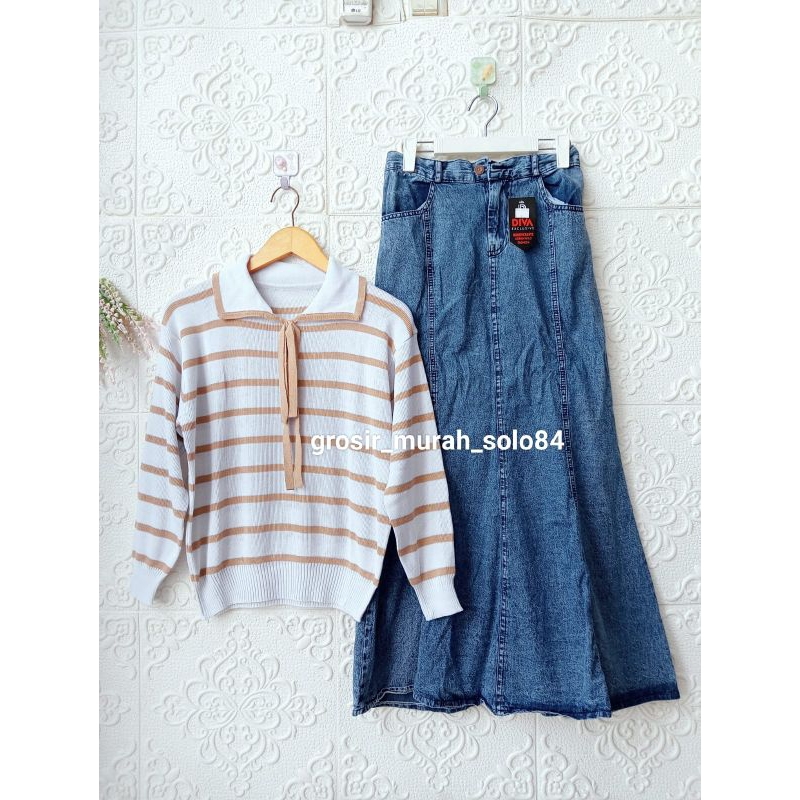 Setelan Wanita Cellia Atasan Rajut Salur + Rok Jeans Model Duyung