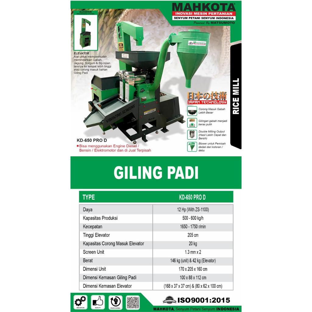 Mesin Selep Padi Giling Padi Mahkota KD 650 Pro D Set Elevator