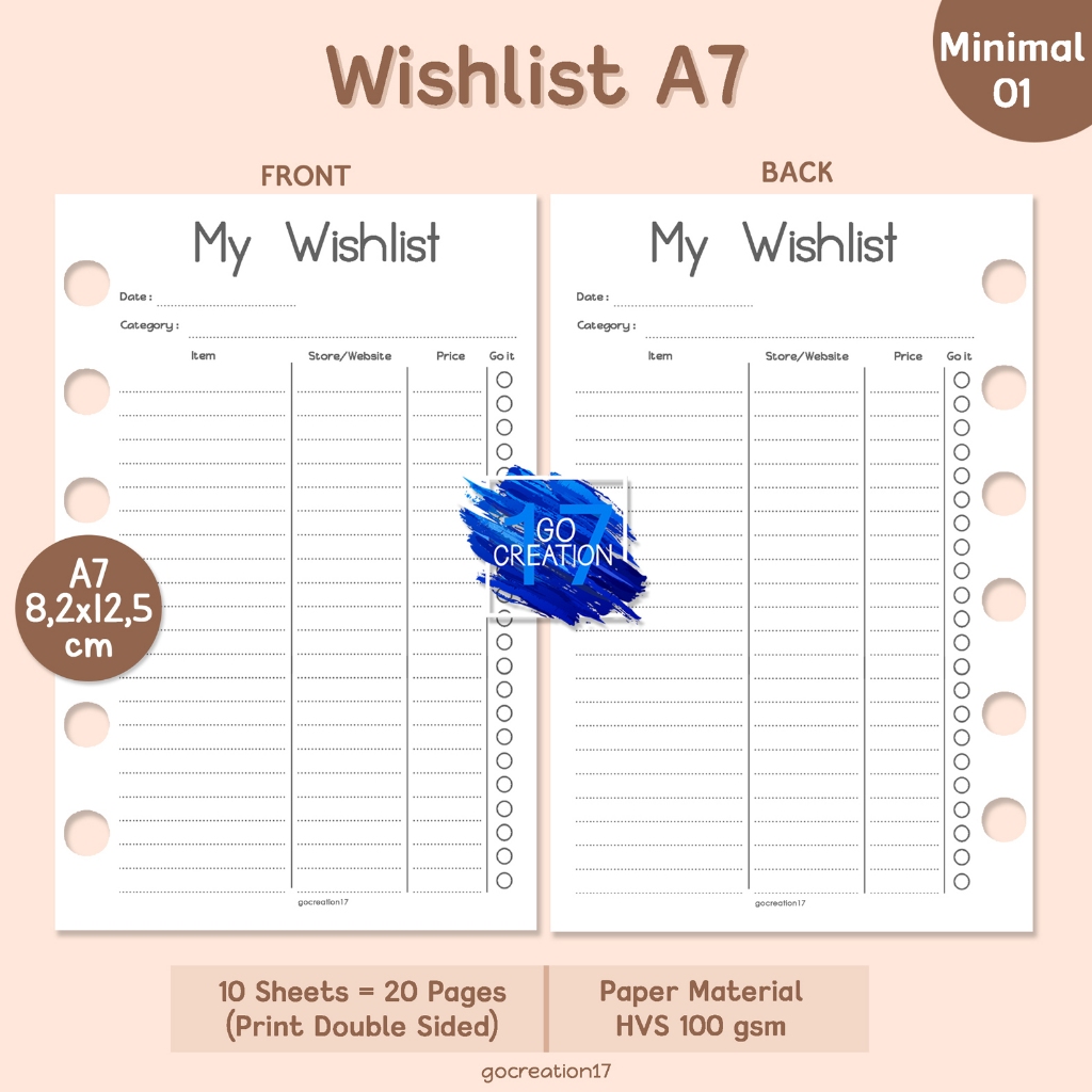 

Buku Planner Refill Kertas Isi Binder Wishlist Simple Minimalis A7