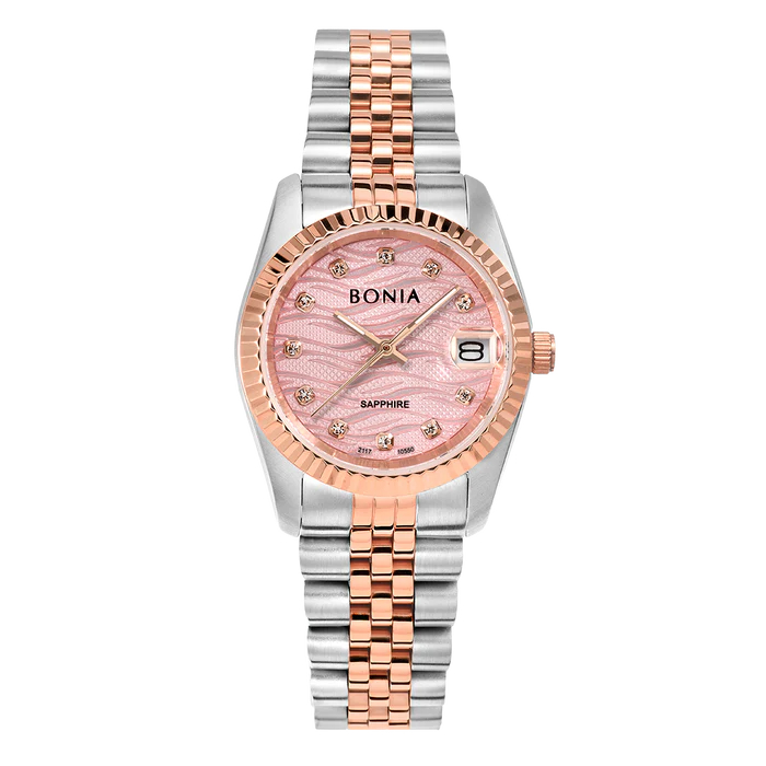 Jam Tangan Wanita Bonia Noble Pink Pattern Dial Stainless Steel Analog B10550-3677 Original