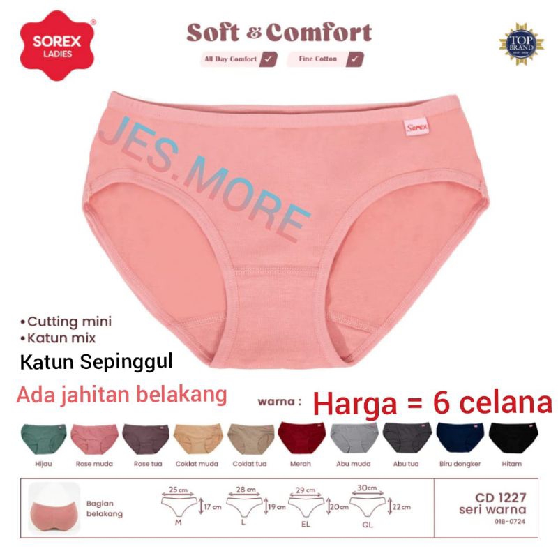 6pcs SOREX 1227 CD Celana Dalam Wanita Katun Sepinggul Mini sz M - 2XL