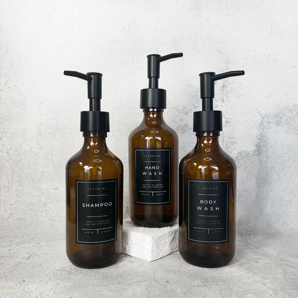 Botol Kaca Amber 300ml Reffil Isi Ulang Black Fancy label 250ml Pump Metta Black