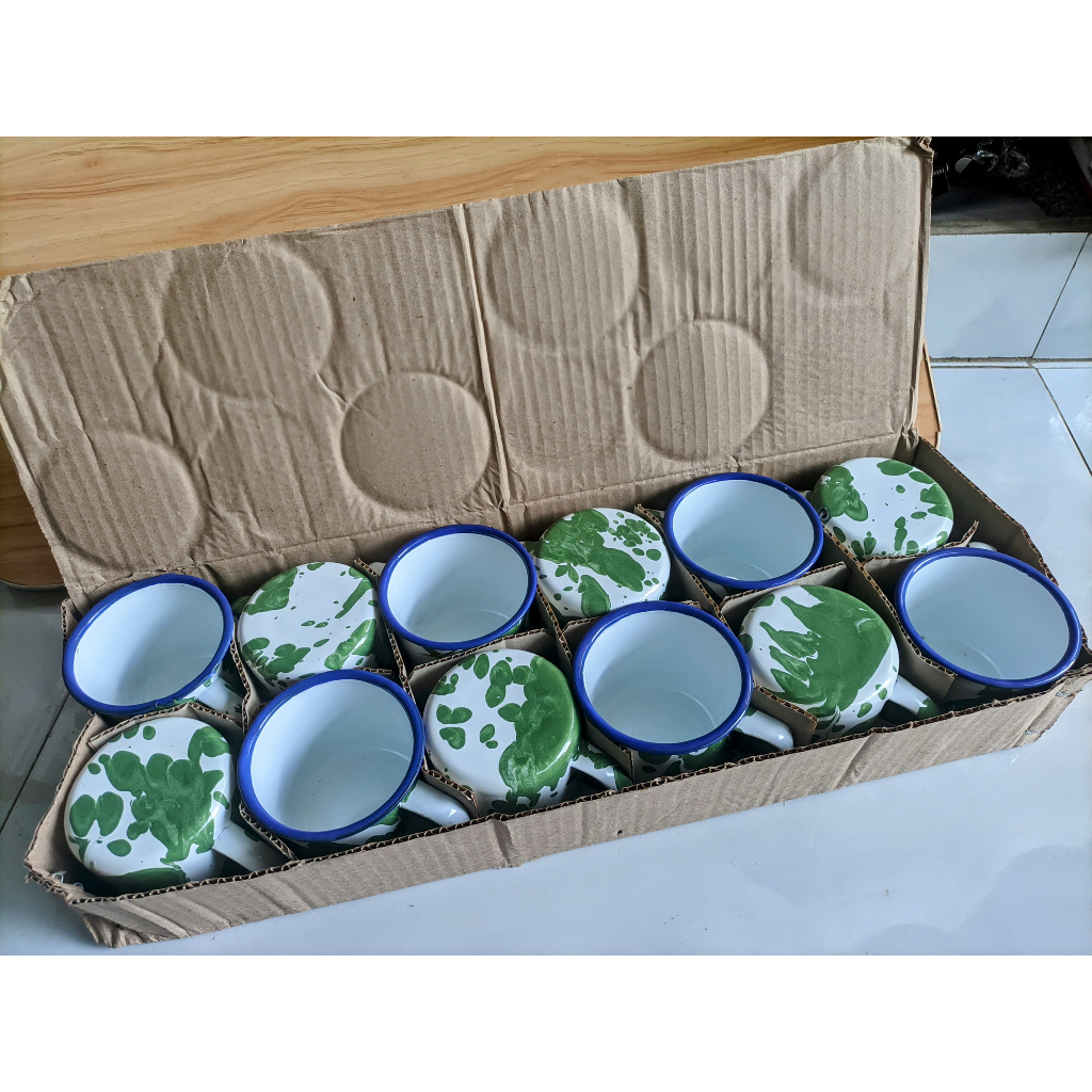 Mug enamel jadul blirik/lurik vintage estetik cangkir jerman cangkir kopi ukuran  7 cm