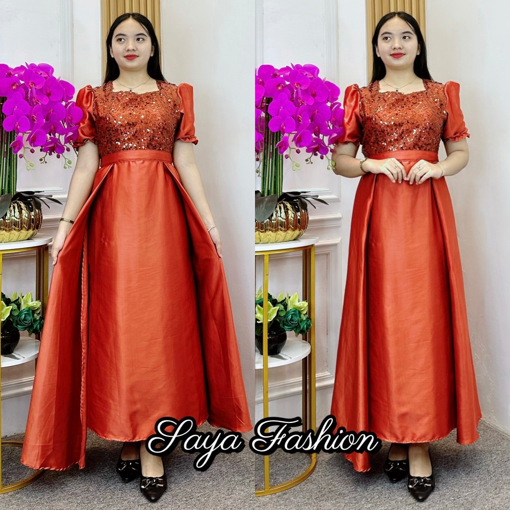 Longdress Satin Polos Kombinasi Tile Payet Gaun Maxi Pesta Wanita 20200